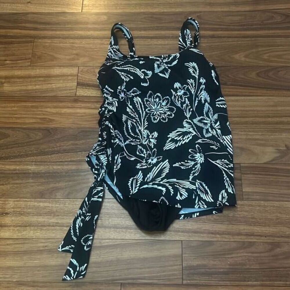 Swim solutions floral one piece swimwear‎ bathing suit black white tropical